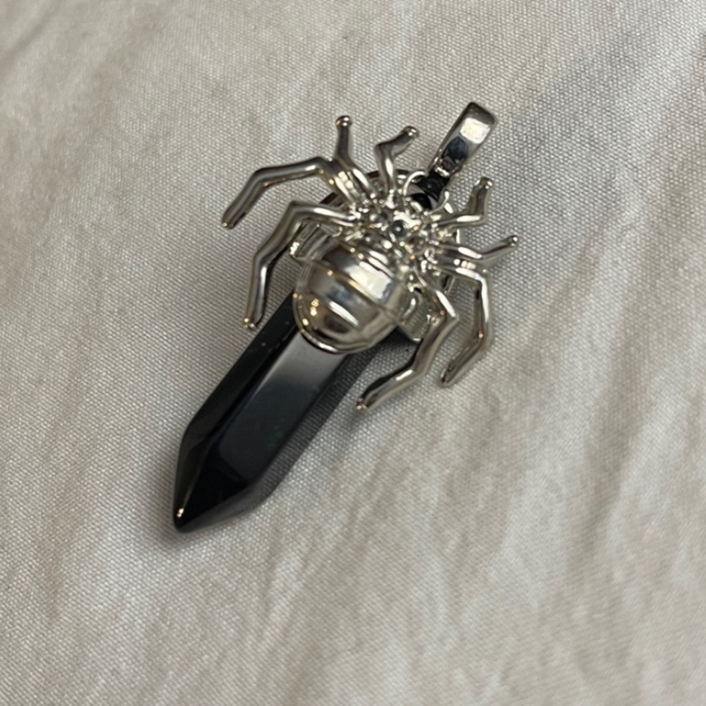 Silver Spider Pendant with Black Crystal